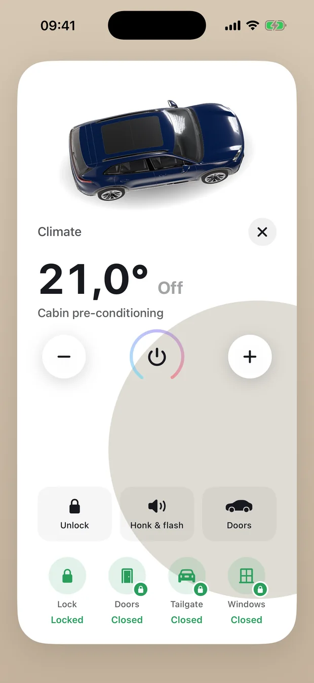 Expanded Climate card with unlock, honk and flash, doors, and status of lock, doors, tailgate and windows