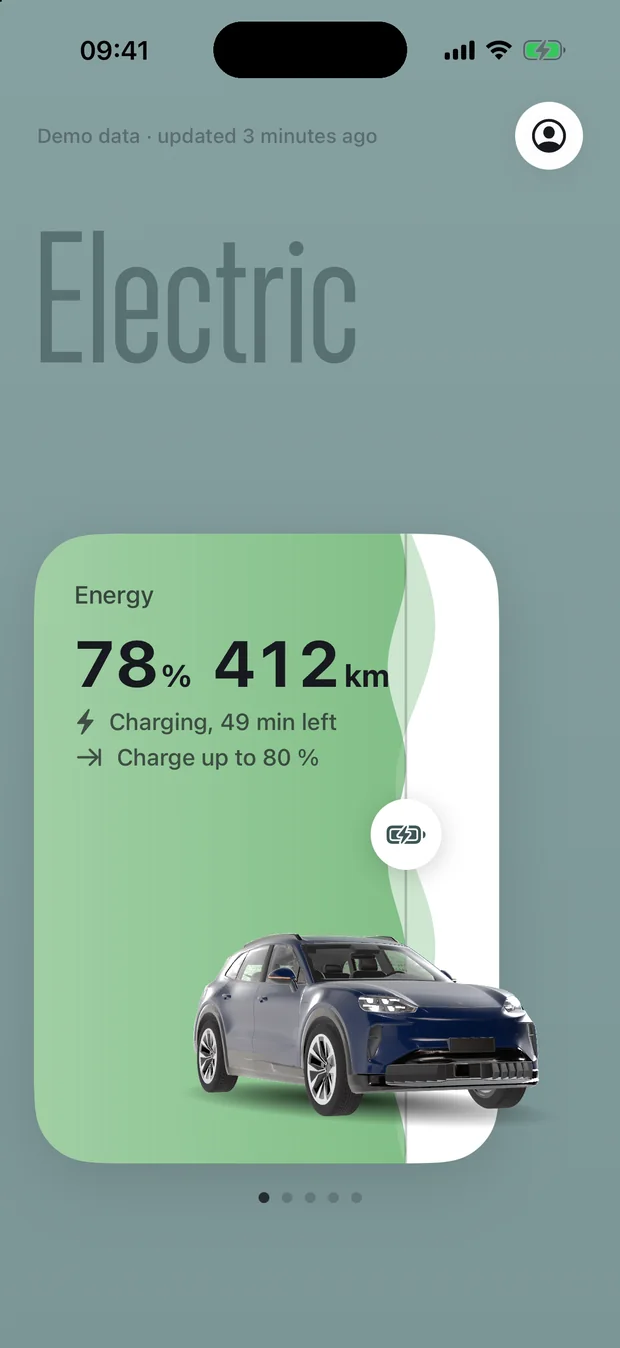 The Electric view: 78 % charge, 412 km range, charging with 49 minutes left, and the 3D car on the card
