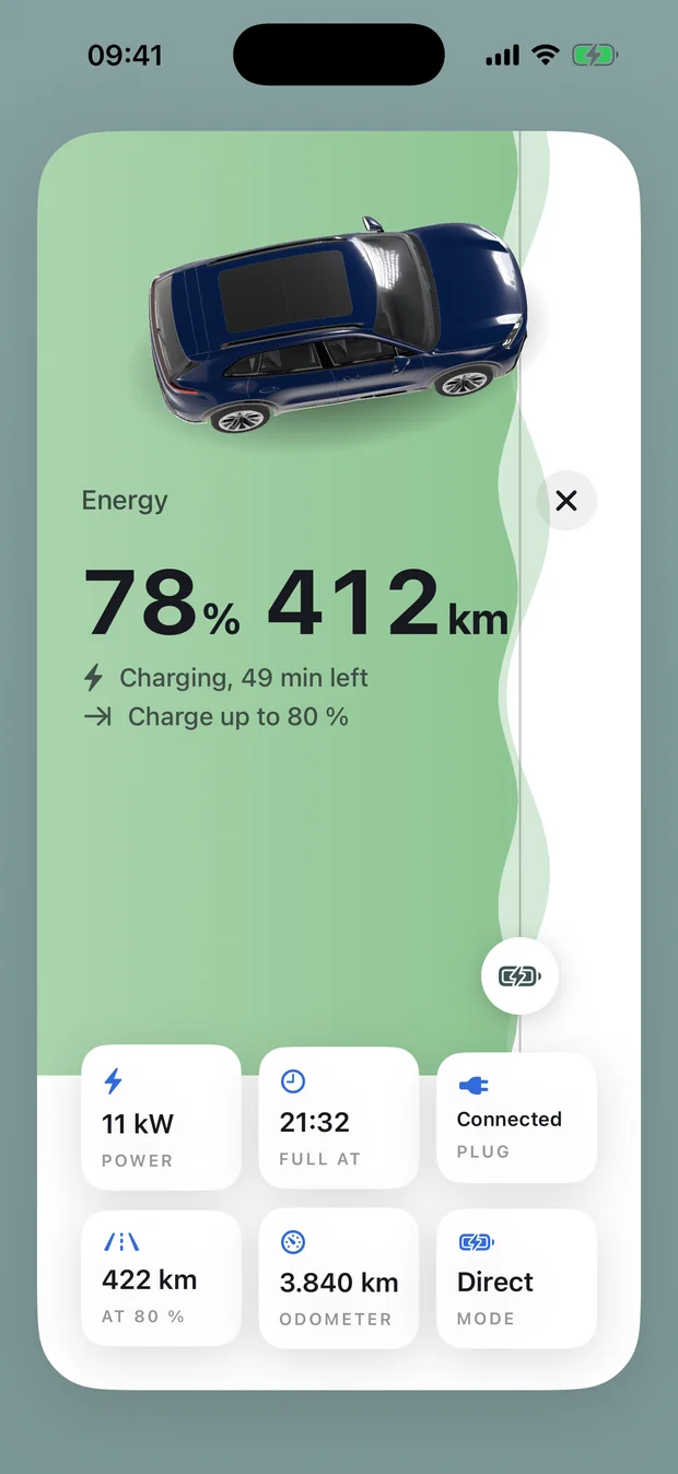 Expanded Energy card with charging power, full-at time, plug, range at 80 %, odometer and mode