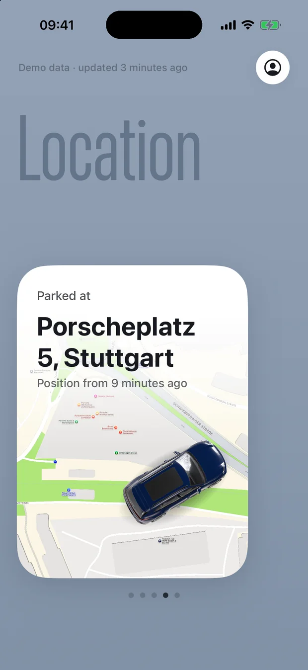 Location view: parked at the address, car seen from above on the map