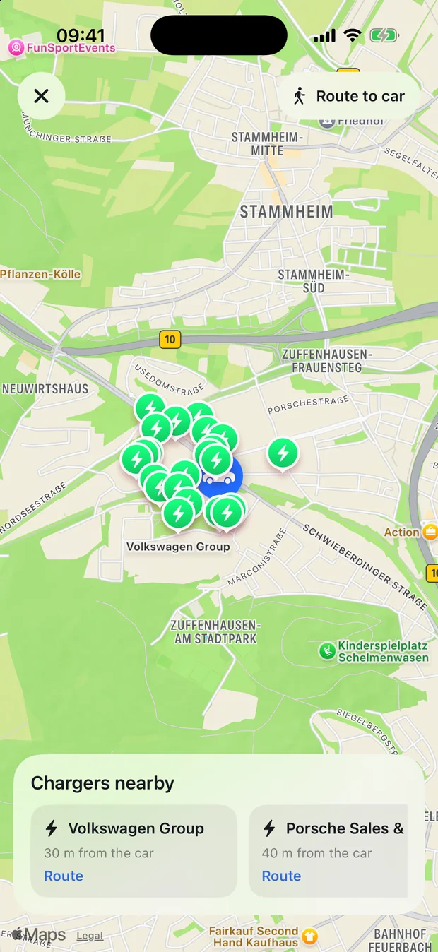 Full-screen map with chargers nearby and a route to the car